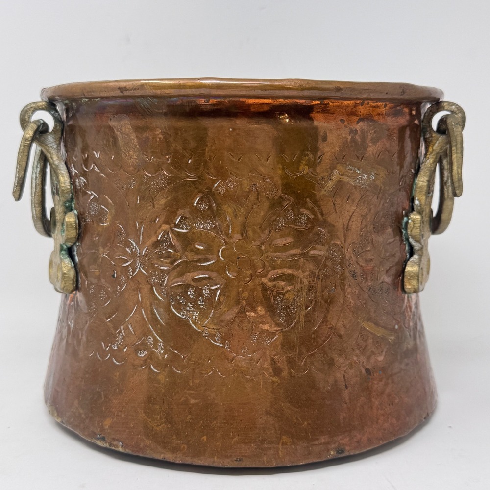 Antique Embossed Copper Cachepot Jardinière with Brass Serpent Handles
